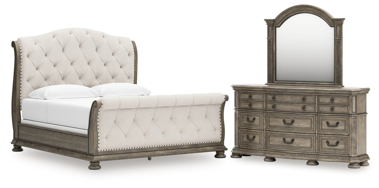 Ardenfield King Upholstered Sleigh Bed with Mirrored Dresser in Light Brown from Ashley - Luna Furniture
