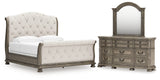 Ardenfield King Upholstered Sleigh Bed with Mirrored Dresser in Light Brown from Ashley - Luna Furniture