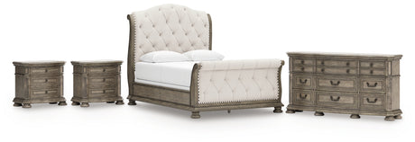 Ardenfield Queen Upholstered Sleigh Bed with Dresser and 2 Nightstands in Light Brown from Ashley Furniture - Luna Furniture