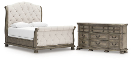 Ardenfield Queen Upholstered Sleigh Bed with Dresser in Light Brown from Ashley Furniture - Luna Furniture