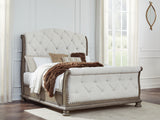 Ardenfield Queen Upholstered Sleigh Bed with Mirrored Dresser and 2 Nightstands in Light Brown from Ashley - Luna Furniture