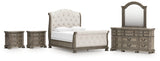 Ardenfield Queen Upholstered Sleigh Bed with Mirrored Dresser and 2 Nightstands in Light Brown from Ashley - Luna Furniture