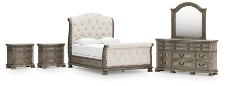 Ardenfield Queen Upholstered Sleigh Bed with Mirrored Dresser and 2 Nightstands in Light Brown from Ashley - Luna Furniture
