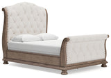 Ardenfield Queen Upholstered Sleigh Bed with Mirrored Dresser and 2 Nightstands in Light Brown from Ashley - Luna Furniture