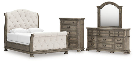 Ardenfield Queen Upholstered Sleigh Bed with Mirrored Dresser and Chest in Light Brown from Ashley - Luna Furniture