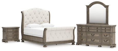 Ardenfield Queen Upholstered Sleigh Bed with Mirrored Dresser and Nightstand in Light Brown from Ashley Furniture - Luna Furniture