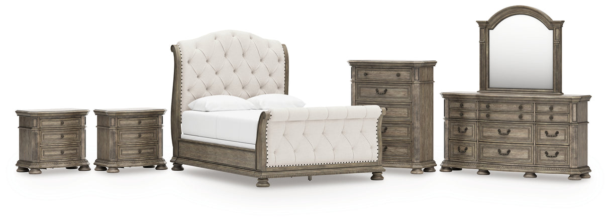 Ardenfield Queen Upholstered Sleigh Bed with Mirrored Dresser, Chest and 2 Nightstands in Light Brown from Ashley Furniture - Luna Furniture