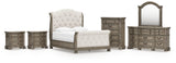 Ardenfield Queen Upholstered Sleigh Bed with Mirrored Dresser, Chest and 2 Nightstands in Light Brown from Ashley Furniture - Luna Furniture