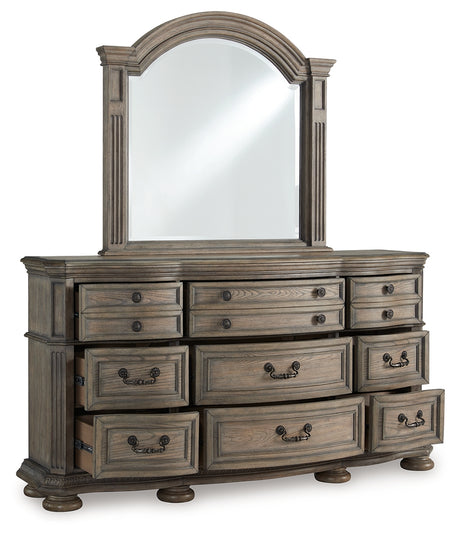 Ardenfield Queen Upholstered Sleigh Bed with Mirrored Dresser, Chest and Nightstand in Light Brown from Ashley Furniture - Luna Furniture