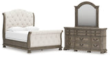 Ardenfield Queen Upholstered Sleigh Bed with Mirrored Dresser in Light Brown from Ashley - Luna Furniture