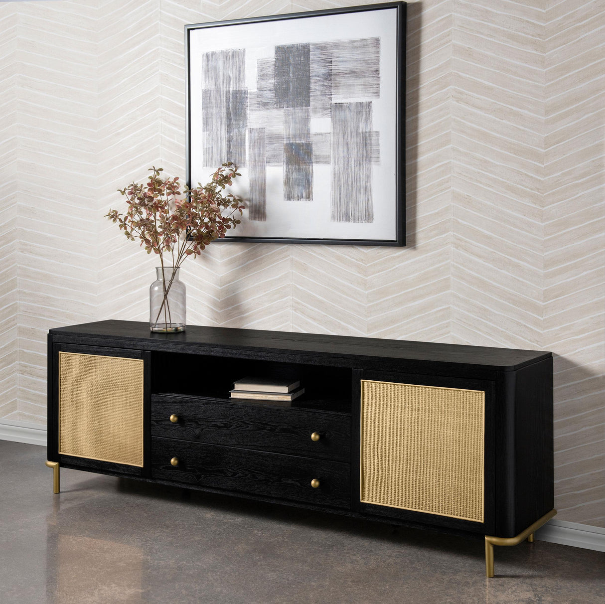 Arini Black Rattan Cane 2-Door TV Stand Media Console from Coaster - Luna Furniture