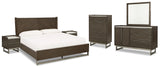 Arkenton California King Panel Bed with Mirrored Dresser, Chest and 2 Nightstands in Grayish Brown from Ashley - Luna Furniture
