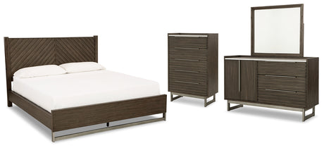 Arkenton King Panel Bed with Mirrored Dresser and Chest in Grayish Brown from Ashley - Luna Furniture
