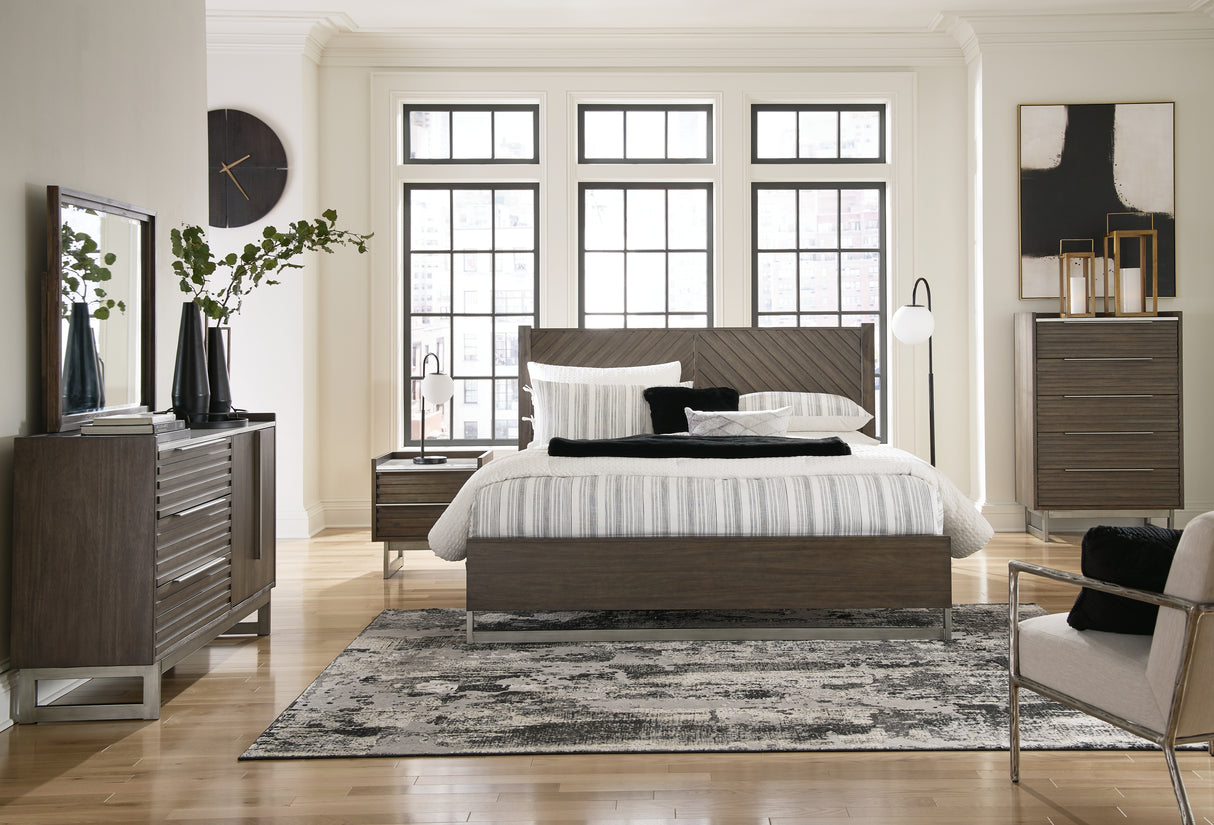 Arkenton King Panel Bed with Mirrored Dresser, Chest and Nightstand in Grayish Brown from Ashley - Luna Furniture