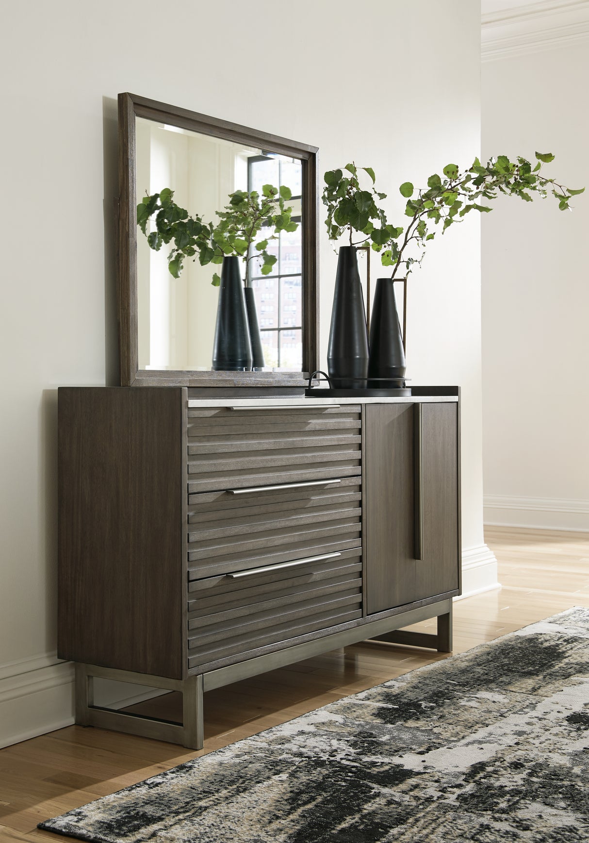 Arkenton King Panel Bed with Mirrored Dresser in Grayish Brown from Ashley - Luna Furniture