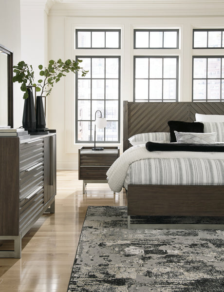 Arkenton Queen Panel Bed with Mirrored Dresser and 2 Nightstands in Grayish Brown from Ashley - Luna Furniture