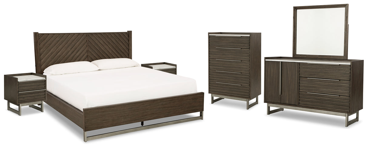 Arkenton Queen Panel Bed with Mirrored Dresser, Chest and 2 Nightstands in Grayish Brown from Ashley - Luna Furniture