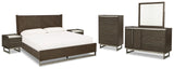 Arkenton Queen Panel Bed with Mirrored Dresser, Chest and 2 Nightstands in Grayish Brown from Ashley - Luna Furniture