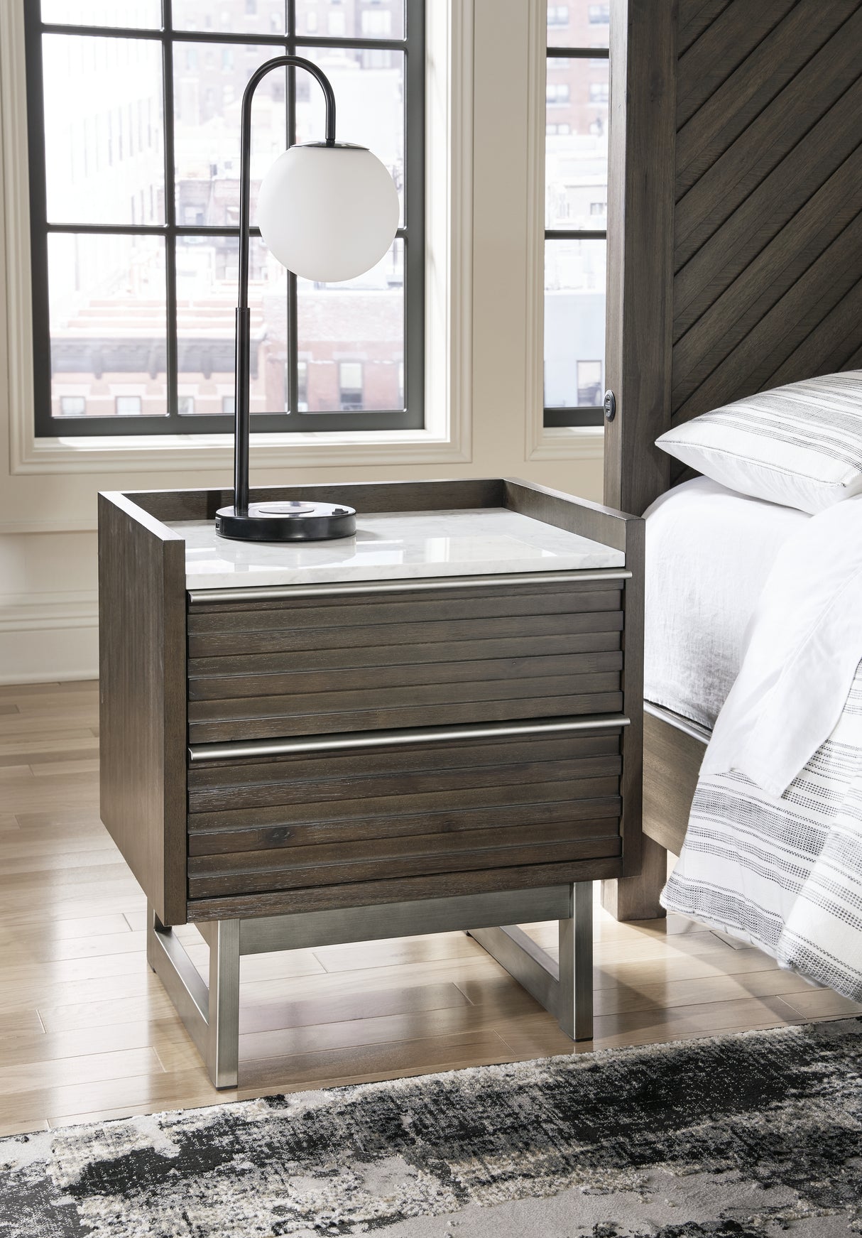 Arkenton Queen Panel Bed with Mirrored Dresser, Chest and 2 Nightstands in Grayish Brown from Ashley - Luna Furniture