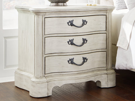 Arlendyne Antique White Queen Upholstered Panel Bed and 2 Nightstands from Ashley - Luna Furniture
