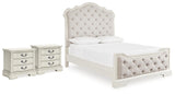 Arlendyne Antique White Queen Upholstered Panel Bed and 2 Nightstands from Ashley - Luna Furniture