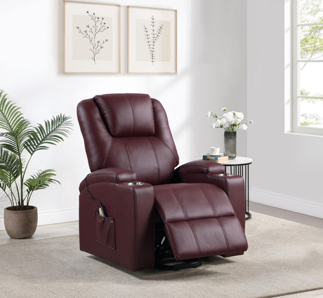 Armstrong Upholstered Power Lift Massage Recliner Wine from Coaster - Luna Furniture