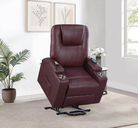 Armstrong Upholstered Power Lift Massage Recliner Wine from Coaster - Luna Furniture