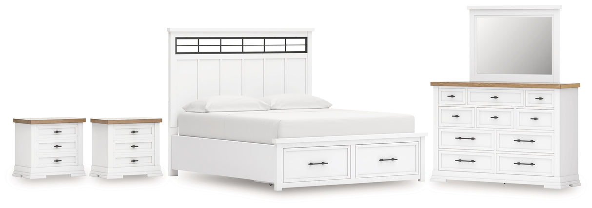 Ashbryn California King Panel Storage Bed with Mirrored Dresser and 2 Nightstands in White/Natural from Ashley - Luna Furniture