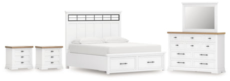 Ashbryn California King Panel Storage Bed with Mirrored Dresser and 2 Nightstands in White/Natural from Ashley - Luna Furniture