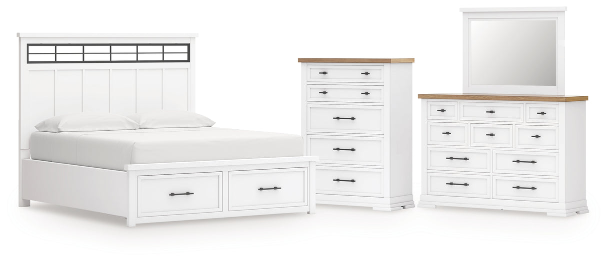 Ashbryn California King Panel Storage Bed with Mirrored Dresser and Chest in White/Natural from Ashley - Luna Furniture