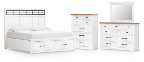 Ashbryn California King Panel Storage Bed with Mirrored Dresser and Chest in White/Natural from Ashley - Luna Furniture