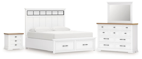 Ashbryn California King Panel Storage Bed with Mirrored Dresser and Nightstand in White/Natural from Ashley - Luna Furniture