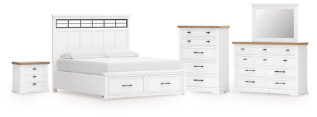 Ashbryn California King Panel Storage Bed with Mirrored Dresser, Chest and Nightstand in White/Natural from Ashley - Luna Furniture