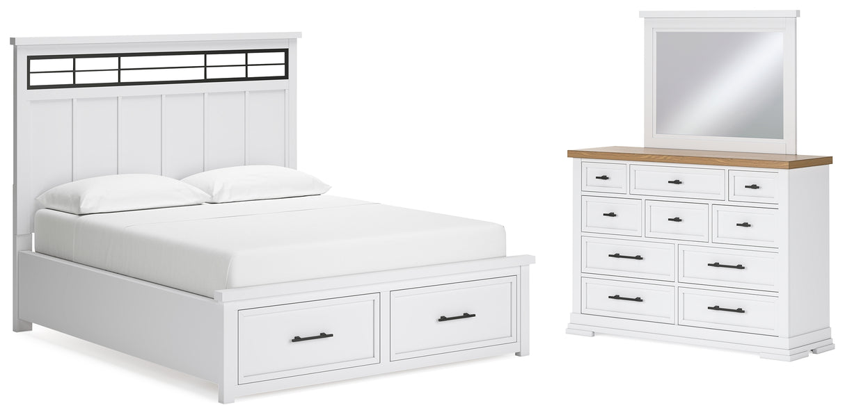 Ashbryn California King Panel Storage Bed with Mirrored Dresser in White/Natural from Ashley - Luna Furniture