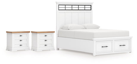 Ashbryn White/Natural King Panel Storage Bed with 2 Nightstands from Ashley - Luna Furniture