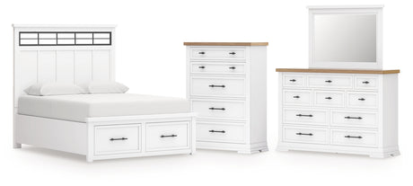 Ashbryn King Panel Storage Bed with Mirrored Dresser and Chest in White/Natural from Ashley - Luna Furniture