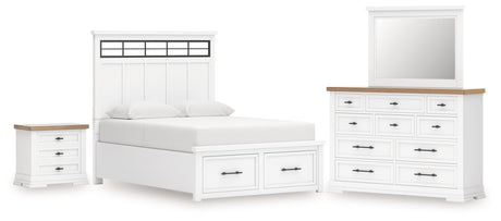 Ashbryn King Panel Storage Bed with Mirrored Dresser and Nightstand in White/Natural from Ashley - Luna Furniture