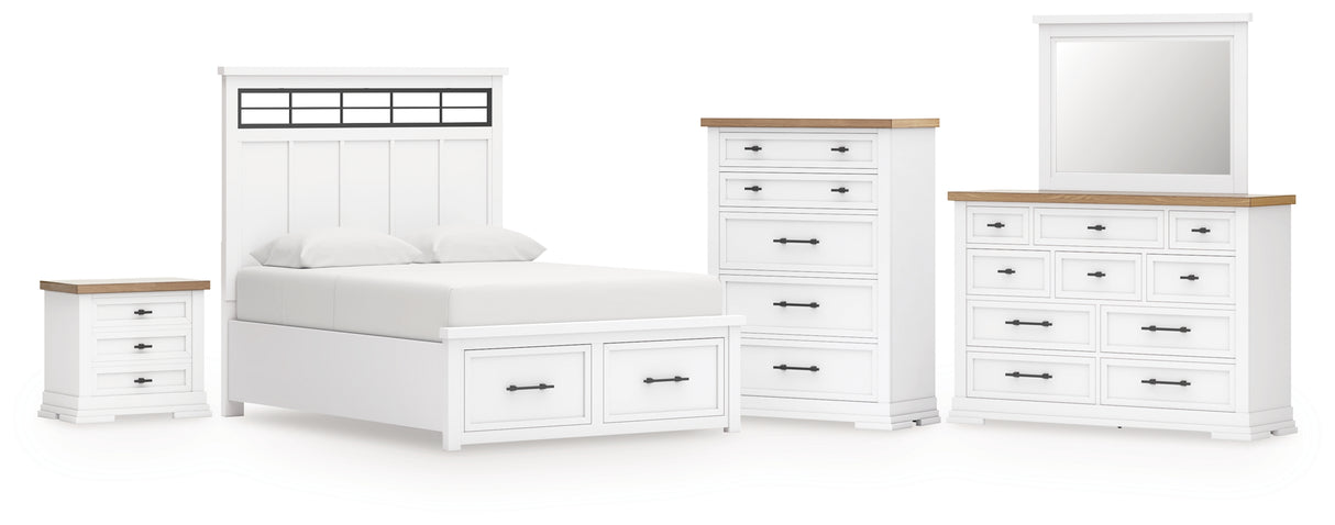 Ashbryn King Panel Storage Bed with Mirrored Dresser, Chest and Nightstand in White/Natural from Ashley - Luna Furniture