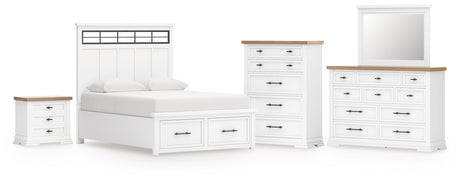Ashbryn King Panel Storage Bed with Mirrored Dresser, Chest and Nightstand in White/Natural from Ashley - Luna Furniture