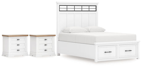 Ashbryn White/NaturalQueen Panel Storage Bed with 2 Nightstands from Ashley - Luna Furniture