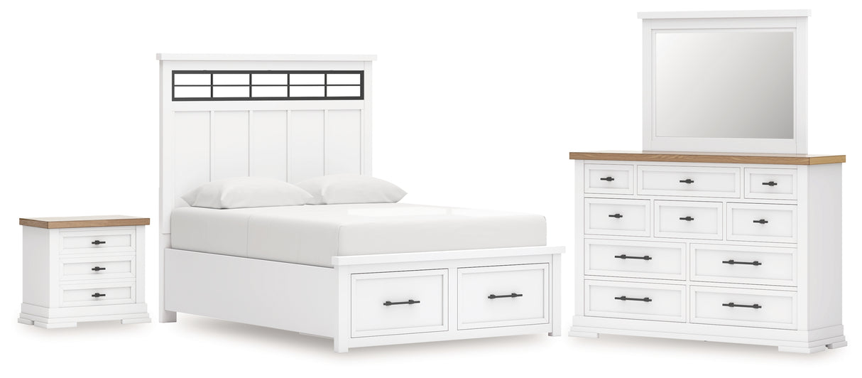Ashbryn Queen Panel Storage Bed with Mirrored Dresser and Nightstand in White/Natural from Ashley - Luna Furniture