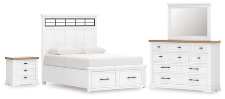 Ashbryn Queen Panel Storage Bed with Mirrored Dresser and Nightstand in White/Natural from Ashley - Luna Furniture