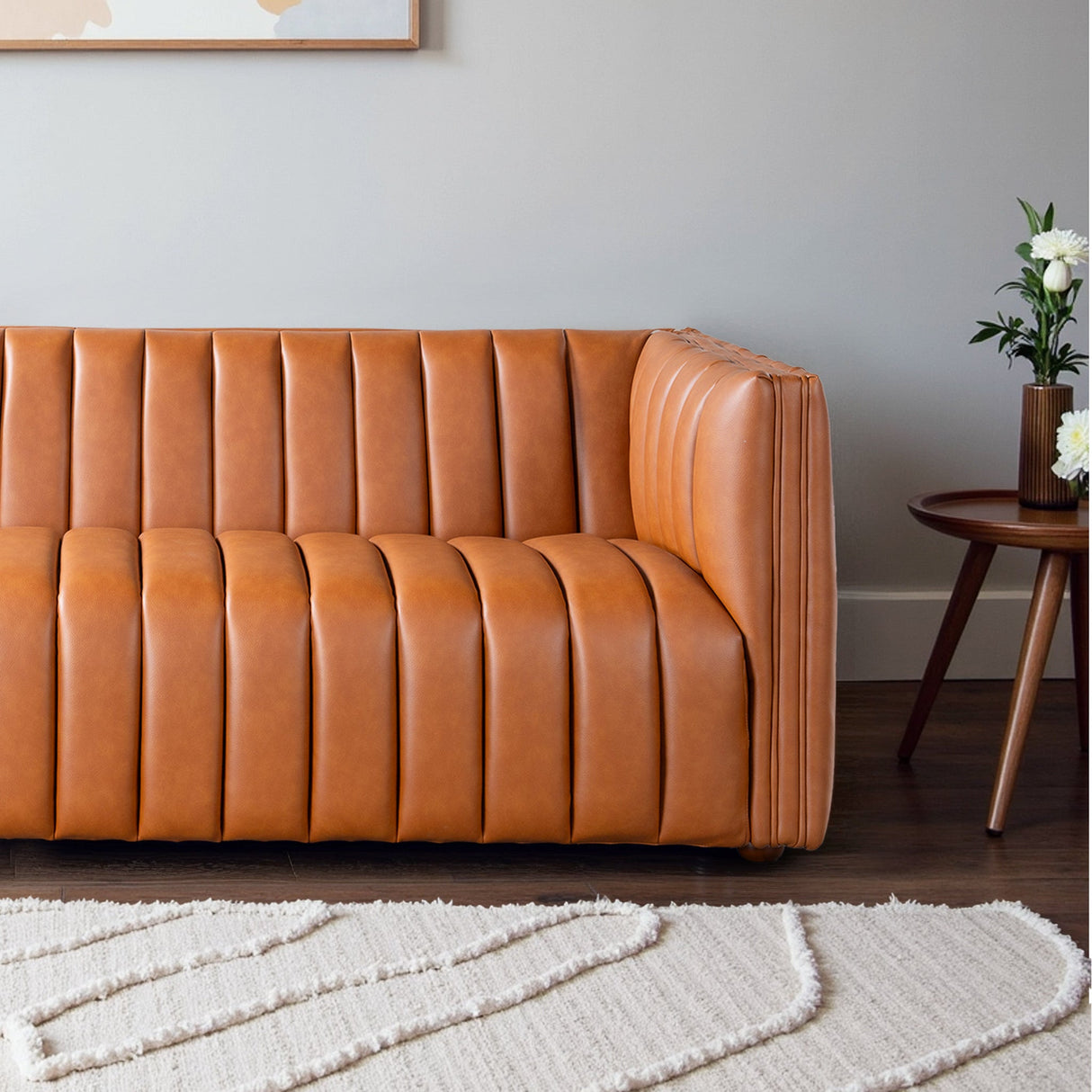 April Cognac Leather Mid Century Modern Tight Back Couch