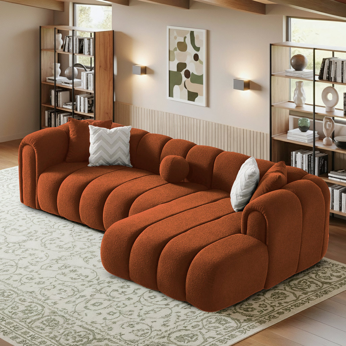 Beatrice Modern Tufted Burnt Orange Boucle Right-Facing Sectional Sofa from Ashcroft Furniture - Luna Furniture
