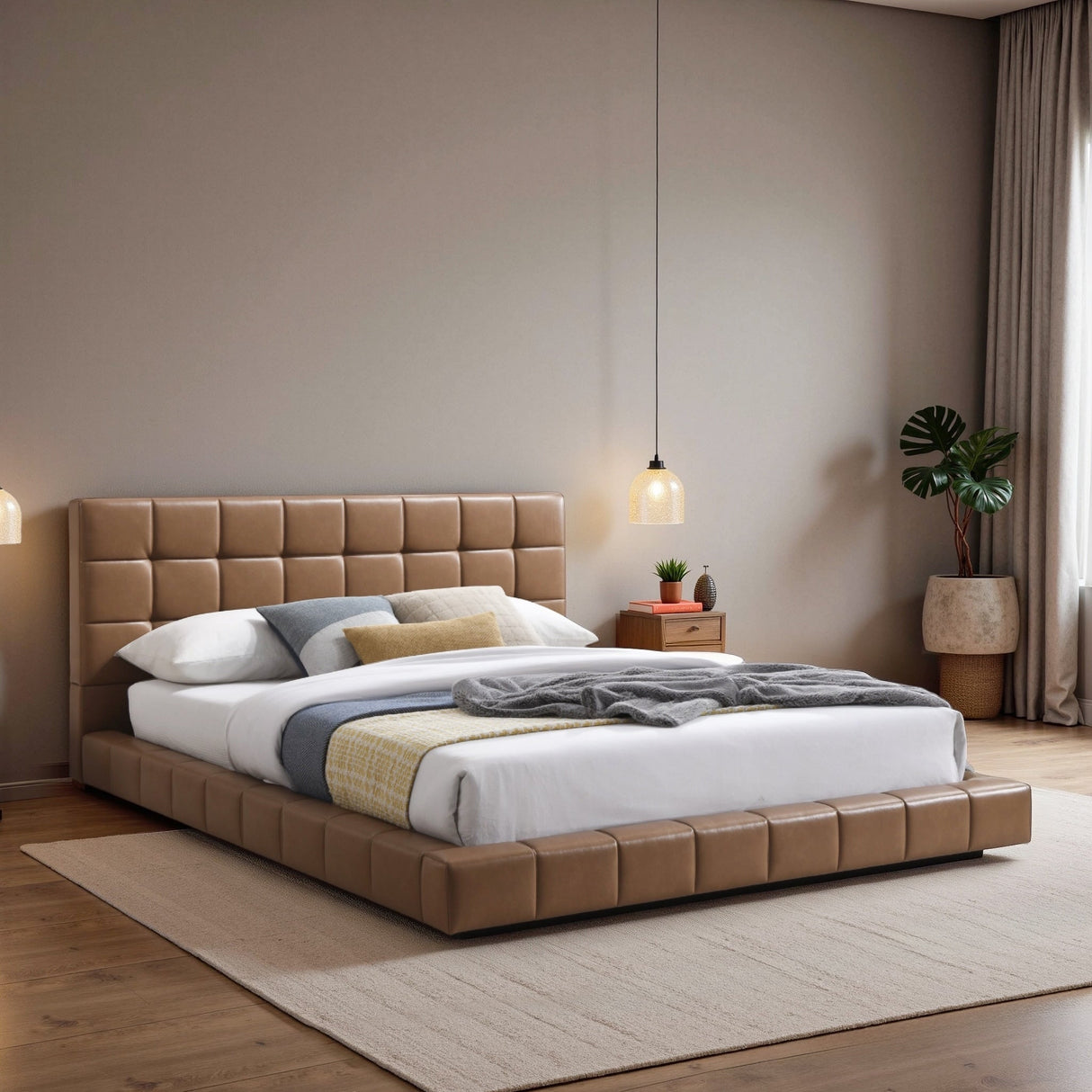 Hudson Tan Vegan Leather Upholstered King Platform Bed from Ashcroft Furniture - Luna Furniture
