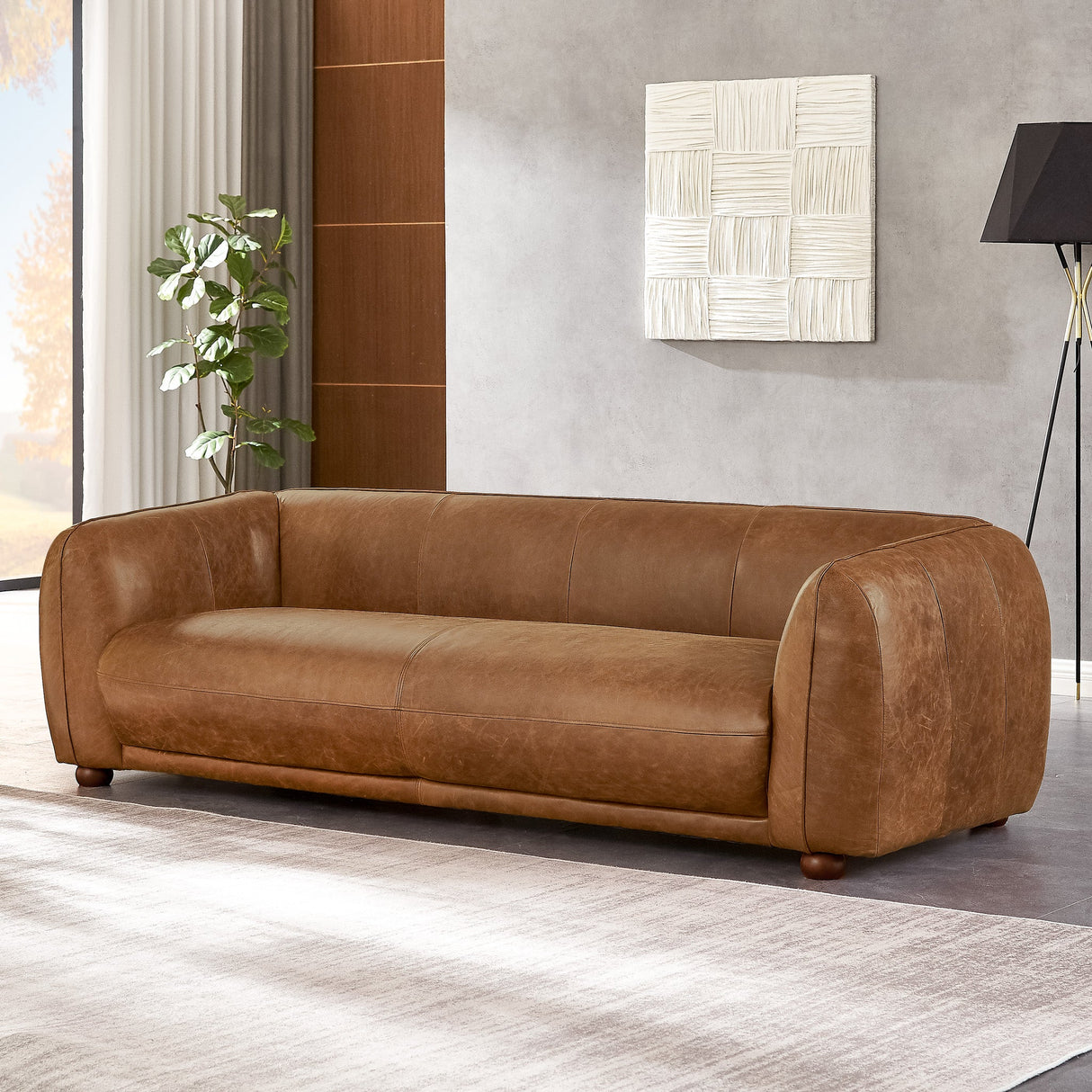 Mila Mid-Century Modern Brown Genuine Leather Sofa from Ashcroft Furniture - Luna Furniture