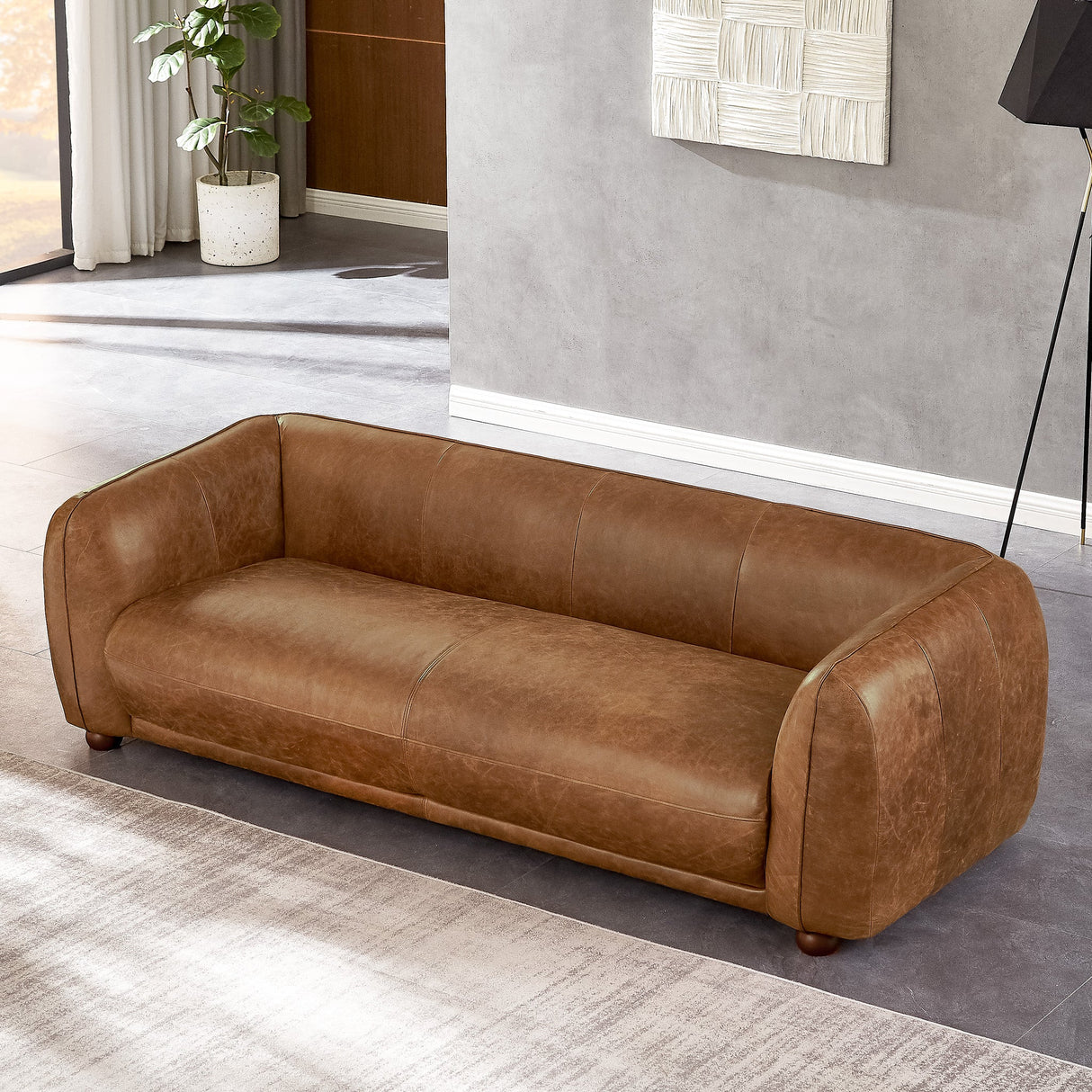 Mila Mid-Century Modern Brown Genuine Leather Sofa from Ashcroft Furniture - Luna Furniture
