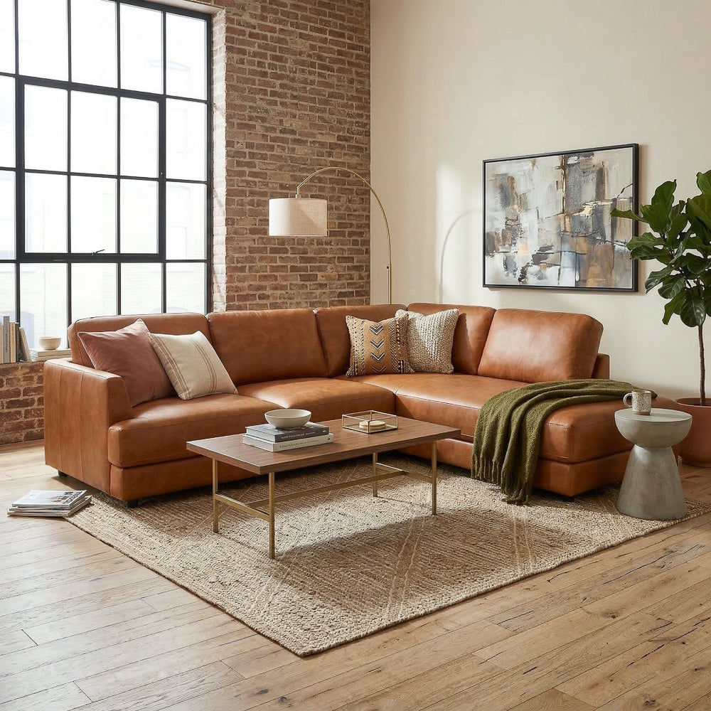 Glander Real Tan Leather Right-Facing Sectional from Ashcroft Furniture - Luna Furniture