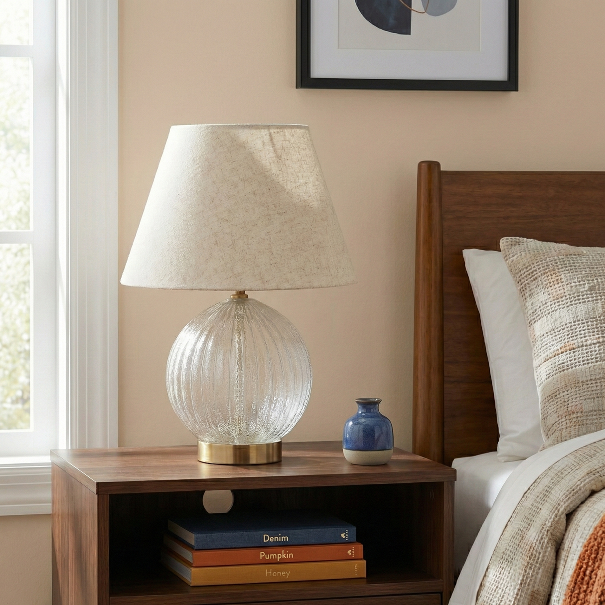 Serenity Round Ribbed Glass Lamp Base Clear Table Lamp Large Linen Shade from Ashcroft Furniture - Luna Furniture