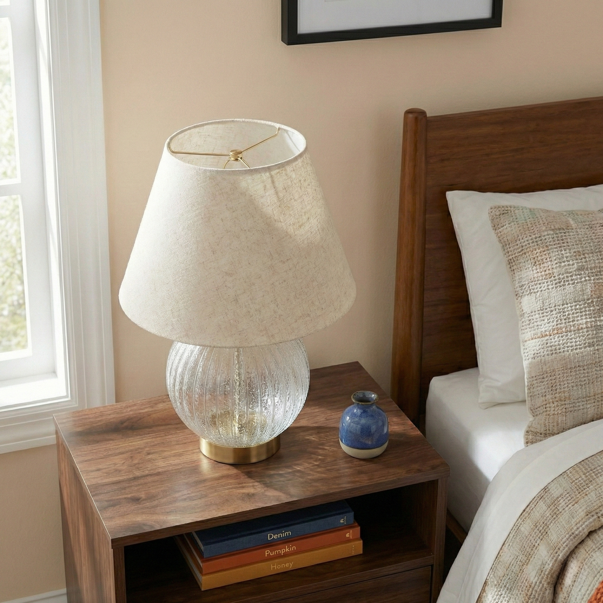 Serenity Round Ribbed Glass Lamp Base Clear Table Lamp Large Linen Shade from Ashcroft Furniture - Luna Furniture